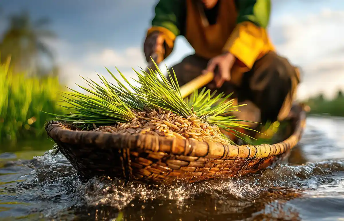 An indigenous person collecting wild rice on a canoe