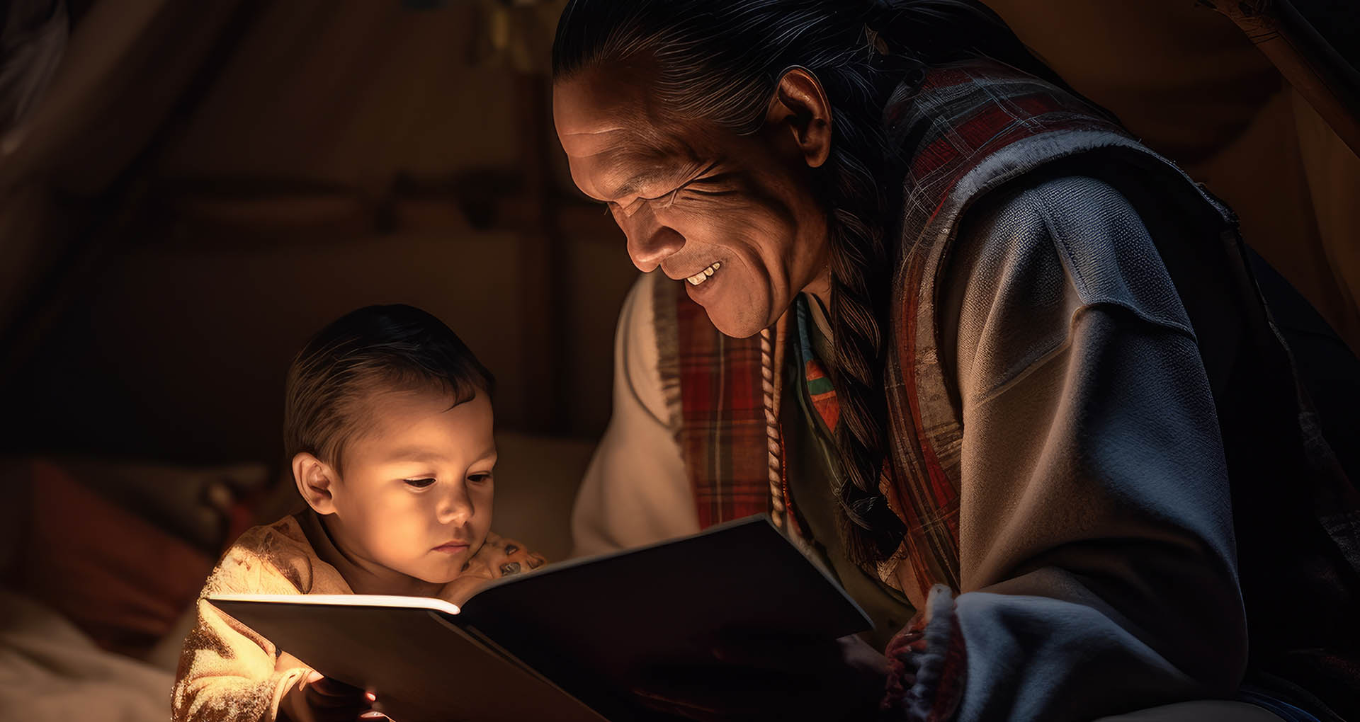 Grandfather and grandson reading