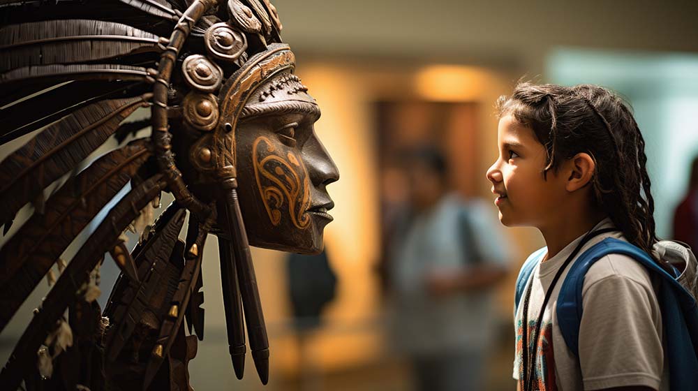 Young Girl with Indigenous Statue