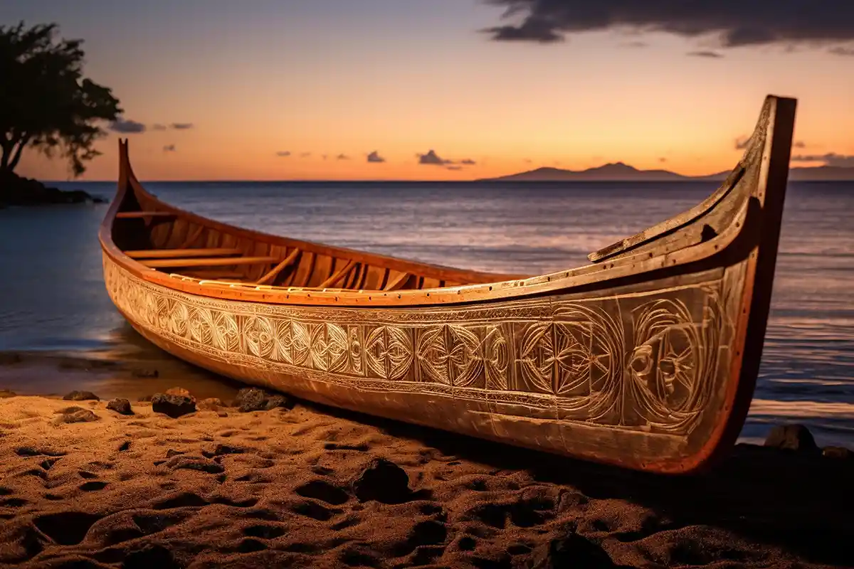 A traditional Hawaiian Canoe at sunset